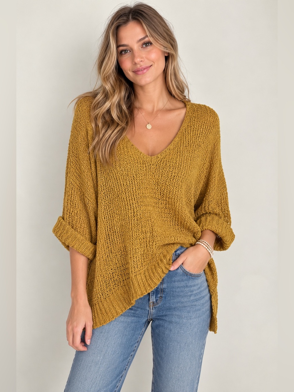 She + Sky Mustard Open-Knit V-Neck Sweater